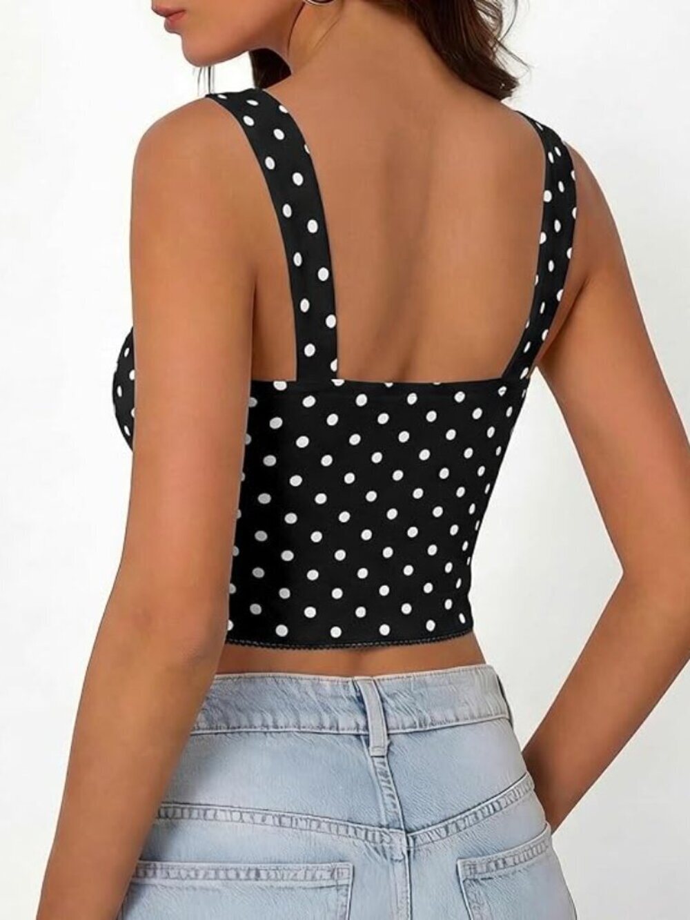 Women's Black Polka Dot Crop Top Sleeveless Going Out Tank Backless Trendy - Picture 6 of 7